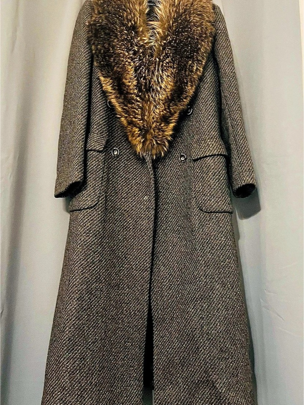 Christian Dior Women’s Long Tweed Coat with Brown & Gray Fox Fur Collar